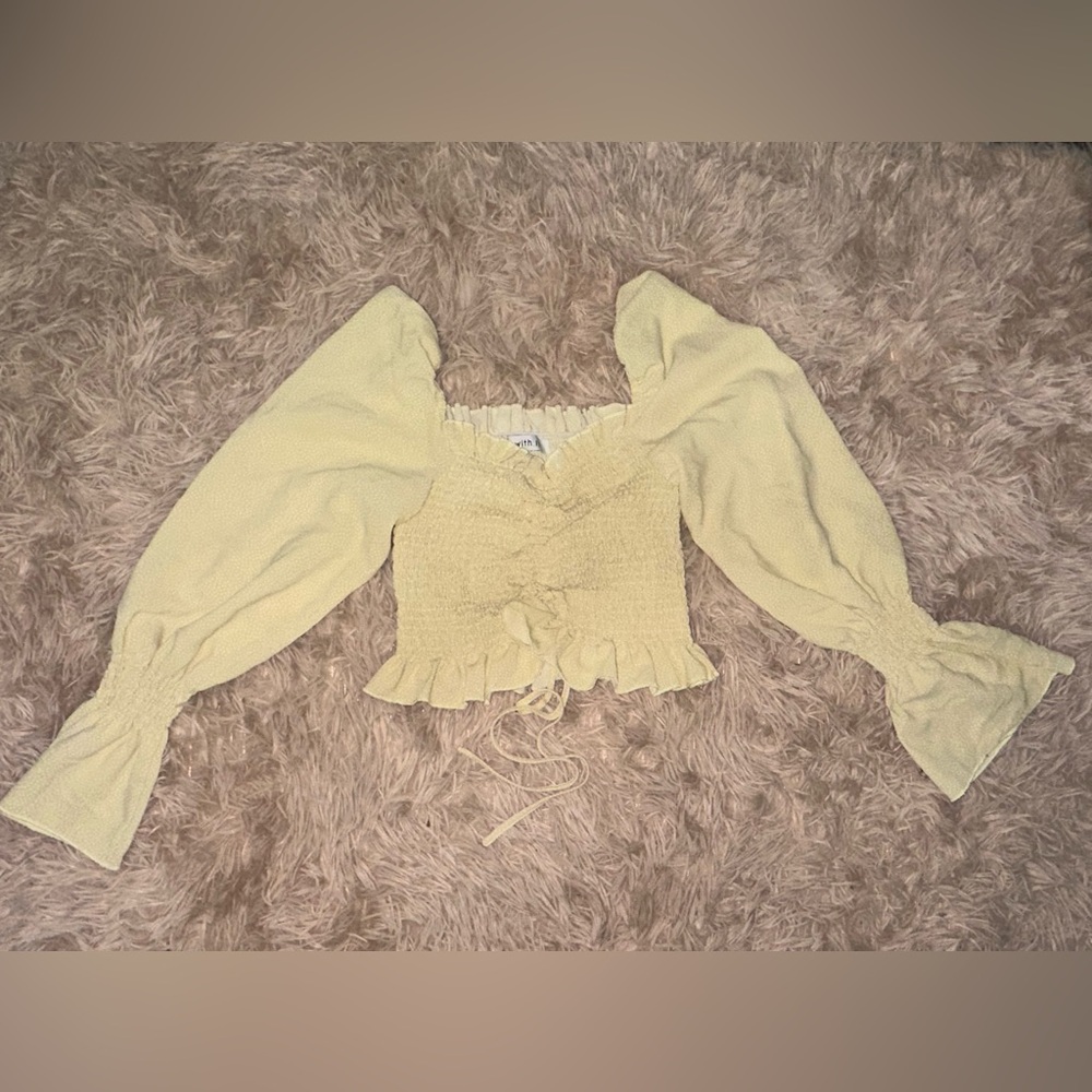 Y2K Style Adorable Mustard Yellow Shimmer White Polkadot Crop Top Long Sleeve